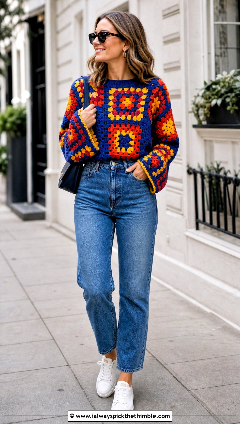 Granny Square Crochet Sweater With Straight Leg Jeans - 25 crochet sweater design for women outfit ideas