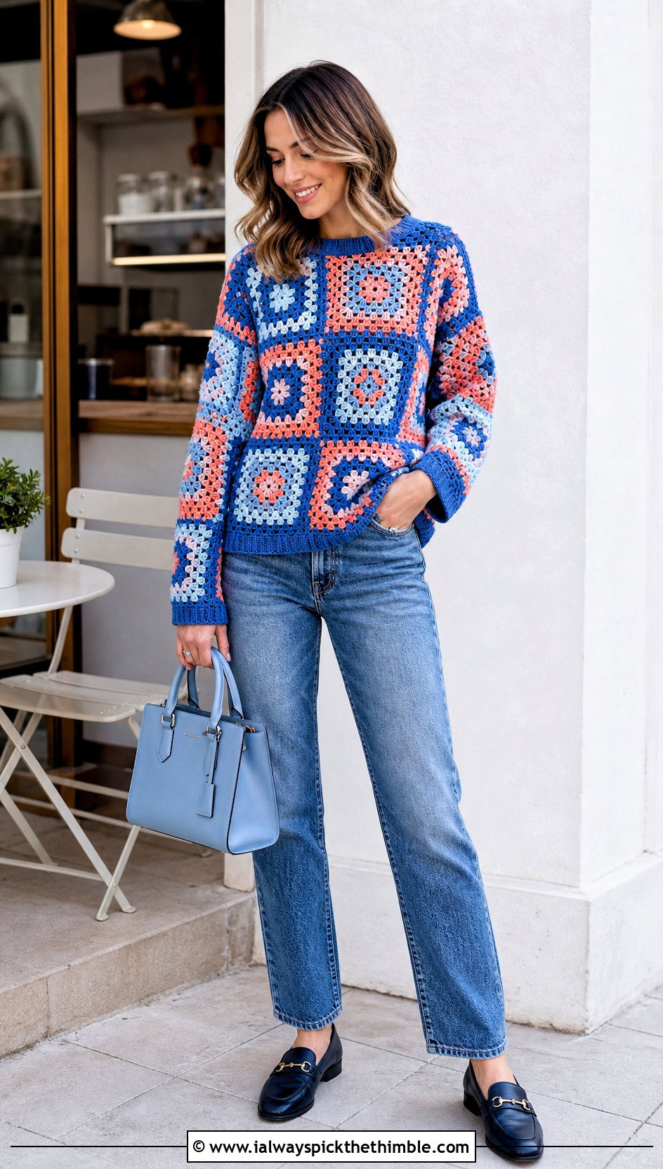 Granny Square Crochet Sweater With Straight Leg Jeans - 25 crochet sweater women outfit ideas