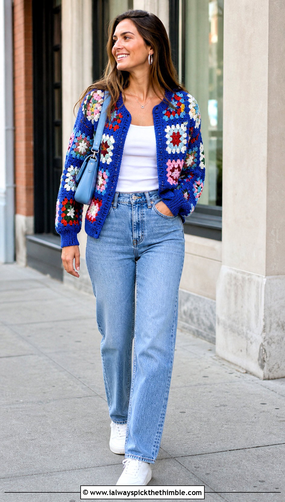 Granny Square Crochet Sweater With Straight Leg Jeans - 25 cute crochet sweaters outfit ideas