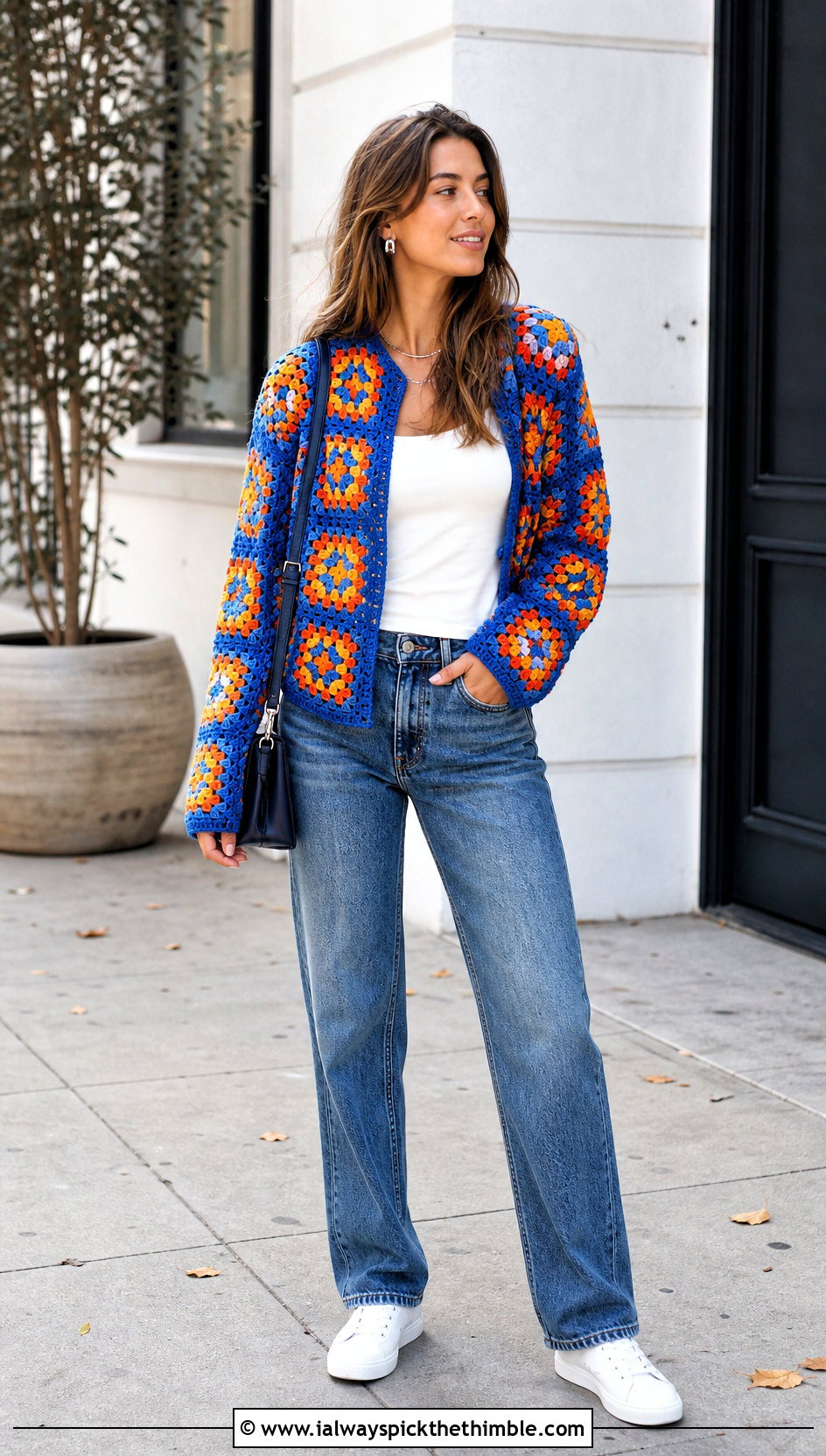 Granny Square Crochet Sweater With Straight Leg Jeans - 25 diy crochet sweater outfit ideas