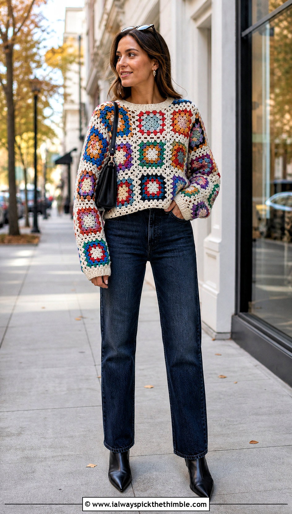 Granny Square Crochet Sweater With Straight Leg Jeans - 25 fall crochet sweater outfit ideas