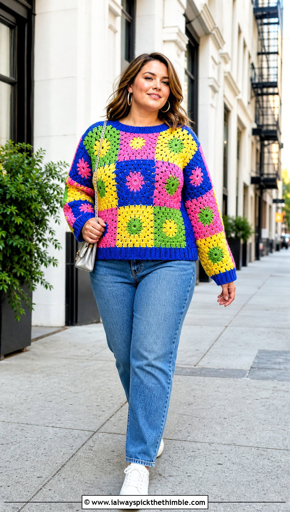 Granny Square Crochet Sweater With Straight Leg Jeans - 20 Colorful Crochet Sweater Ideas