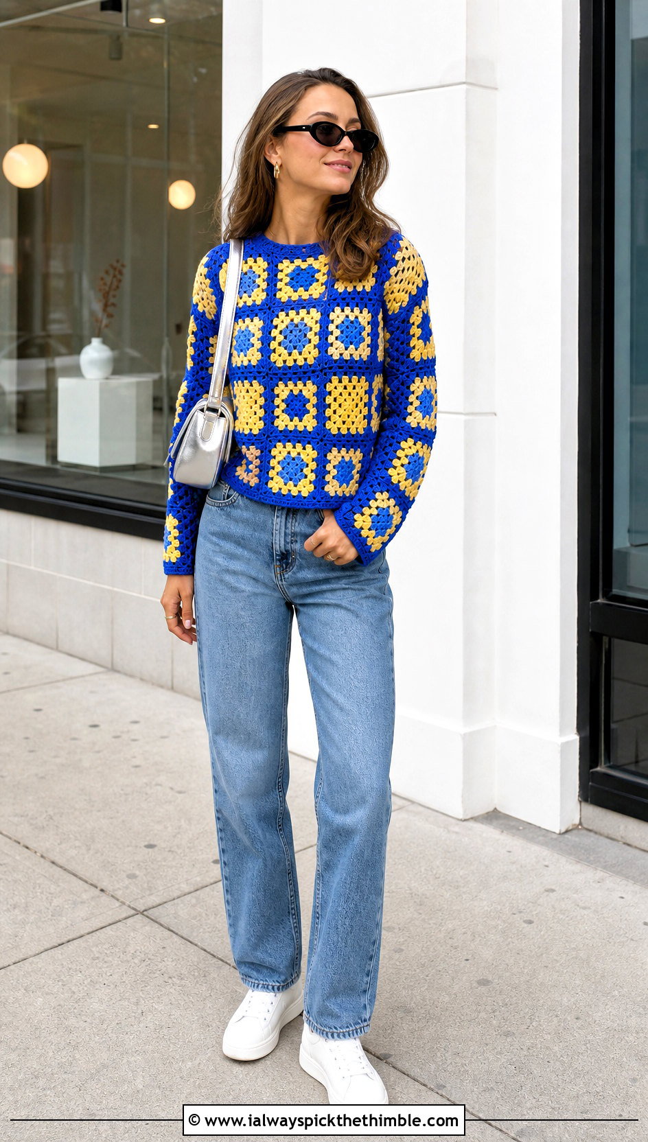 Granny Square Crochet Sweater With Straight Leg Jeans - 20 cool crochet sweater outfit ideas