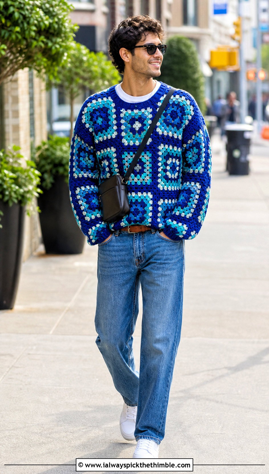 Granny Square Crochet Sweater With Straight Leg Jeans - 20 crochet sweater for man outfit ideas