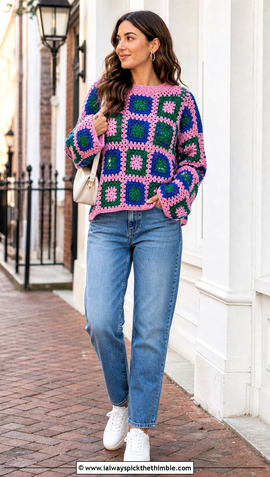Granny Square Crochet Sweater With Straight Leg Jeans - 20 crochet sweater inspiration outfit ideas