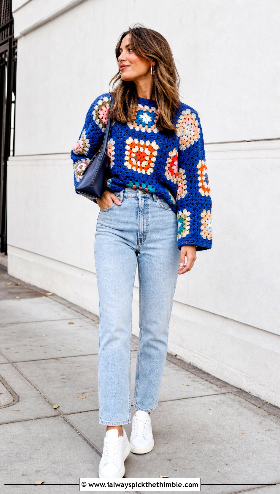 Granny Square Crochet Sweater With Straight Leg Jeans - 20 Patterned Crochet Sweater outfit ideas