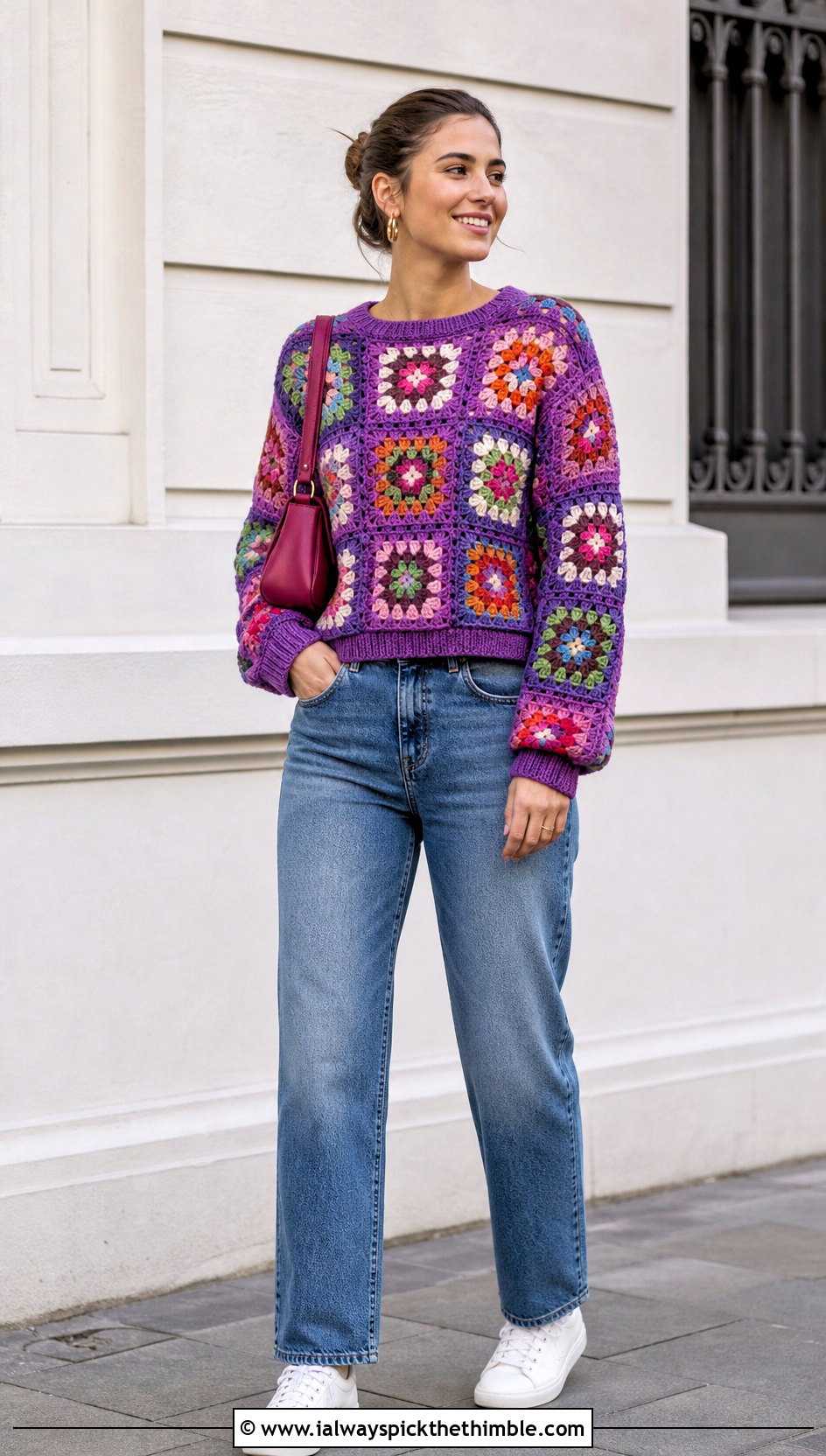Granny Square Crochet Sweater With Straight Leg Jeans - 20 Woman Crochet Sweater outfit ideas