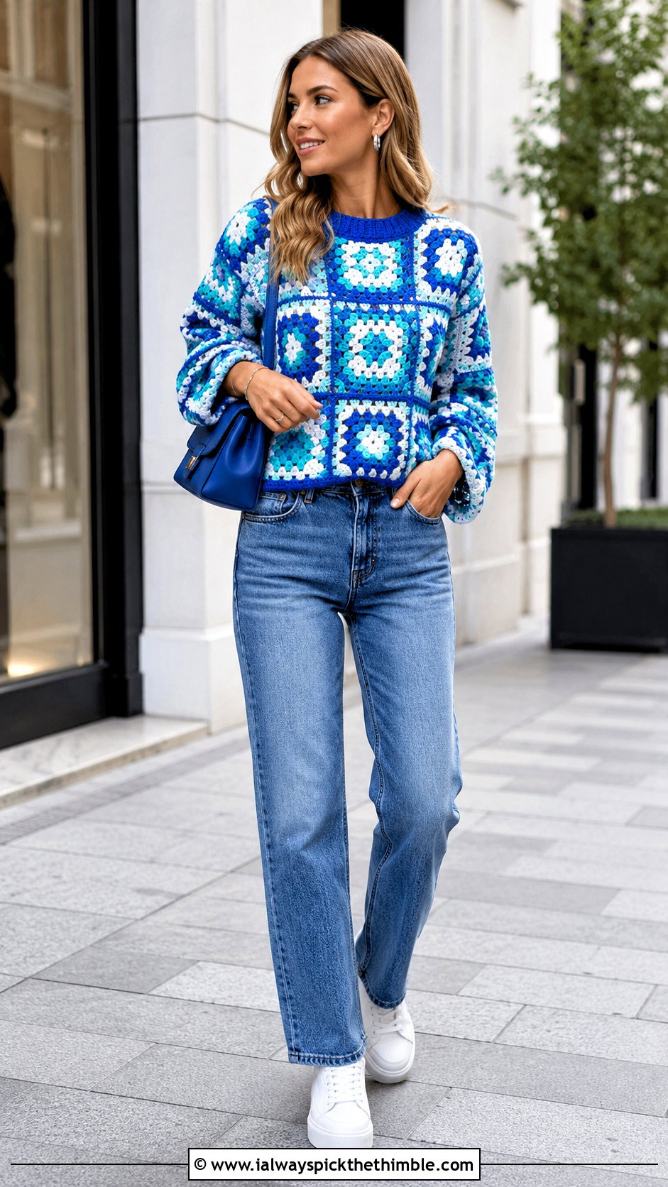 Granny Square Crochet Sweater With Straight Leg Jeans - 15 adult crochet sweater outfit ideas
