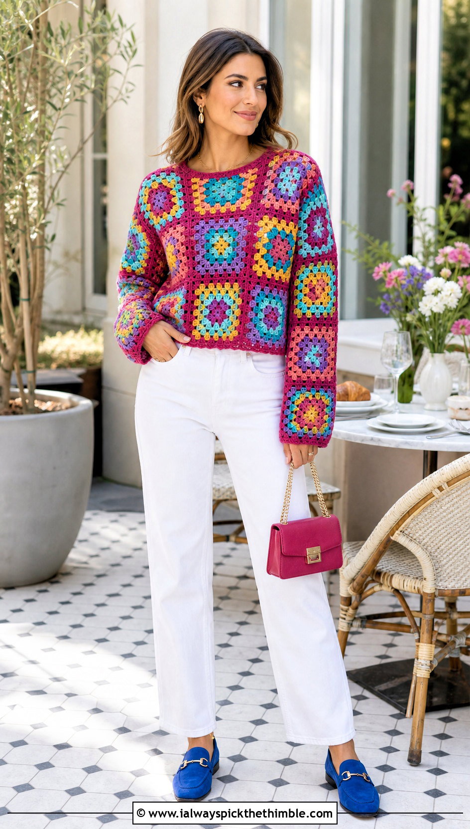 Granny Square Crochet Sweater With White Jeans - 20 Crochet Textured Sweater outfit ideas