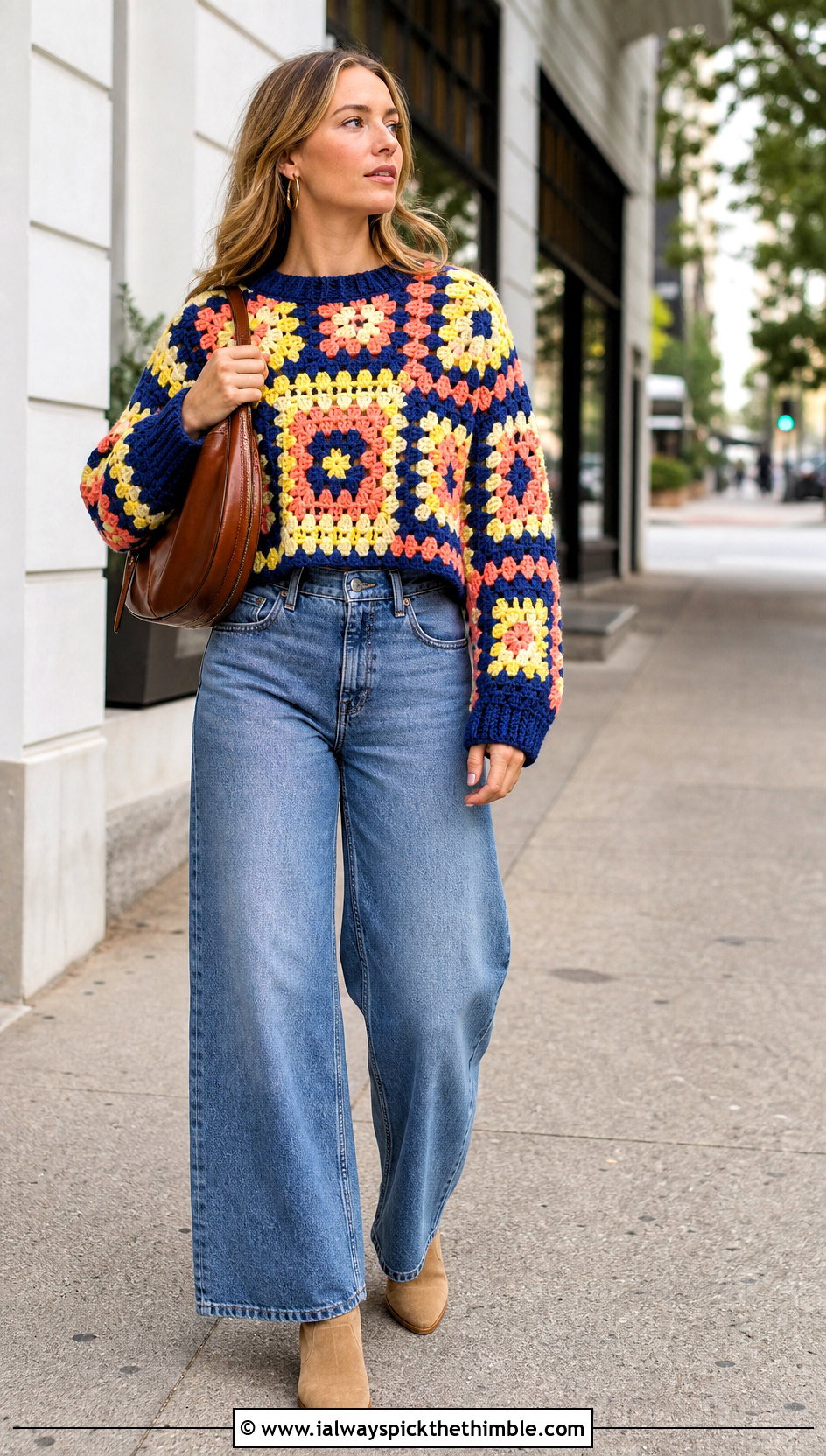 Granny Square Crochet Sweater With Wide Leg Jeans - 15 Boho Style Crochet Sweater outfit ideas