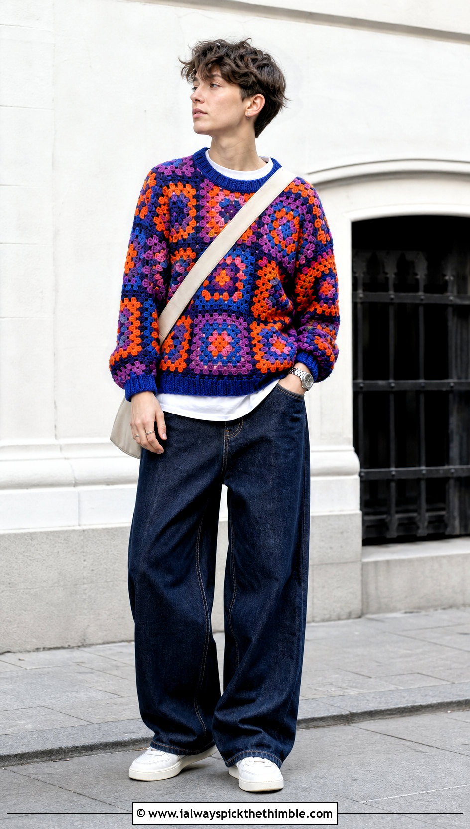 Granny Square Crochet Sweater With Wide Leg Jeans - 20 unisex crochet sweater outfit ideas