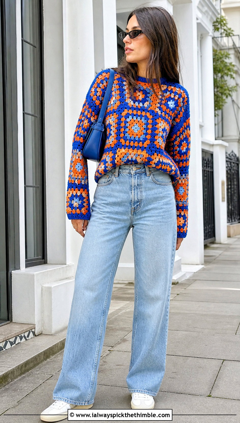 Granny Square Crochet Sweater With Wide Leg Jeans - 20 vintage crochet sweater outfit ideas