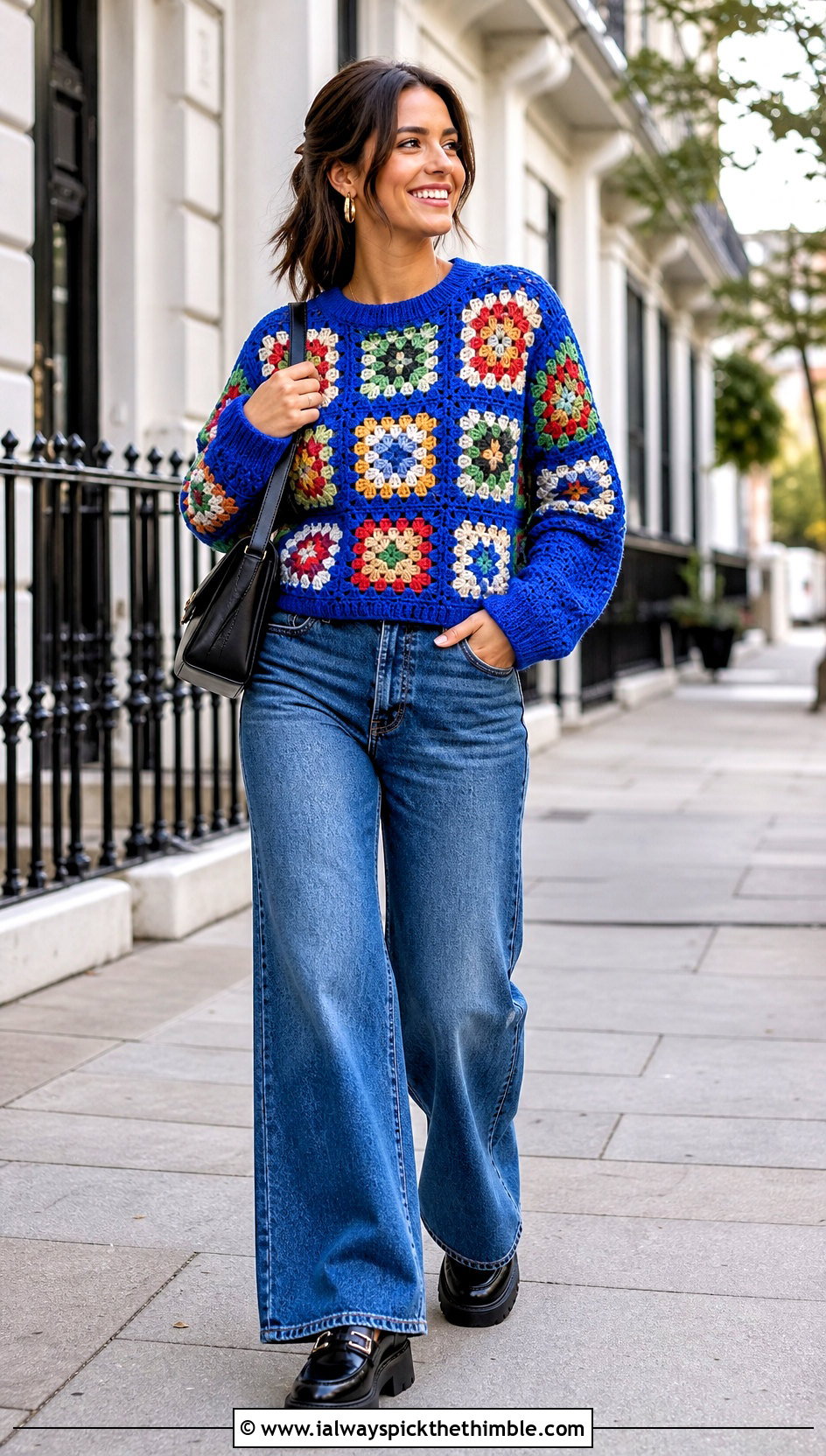Granny Square Crochet Sweater With Wide Leg Jeans - 20 Boho Crochet Sweater outfit ideas