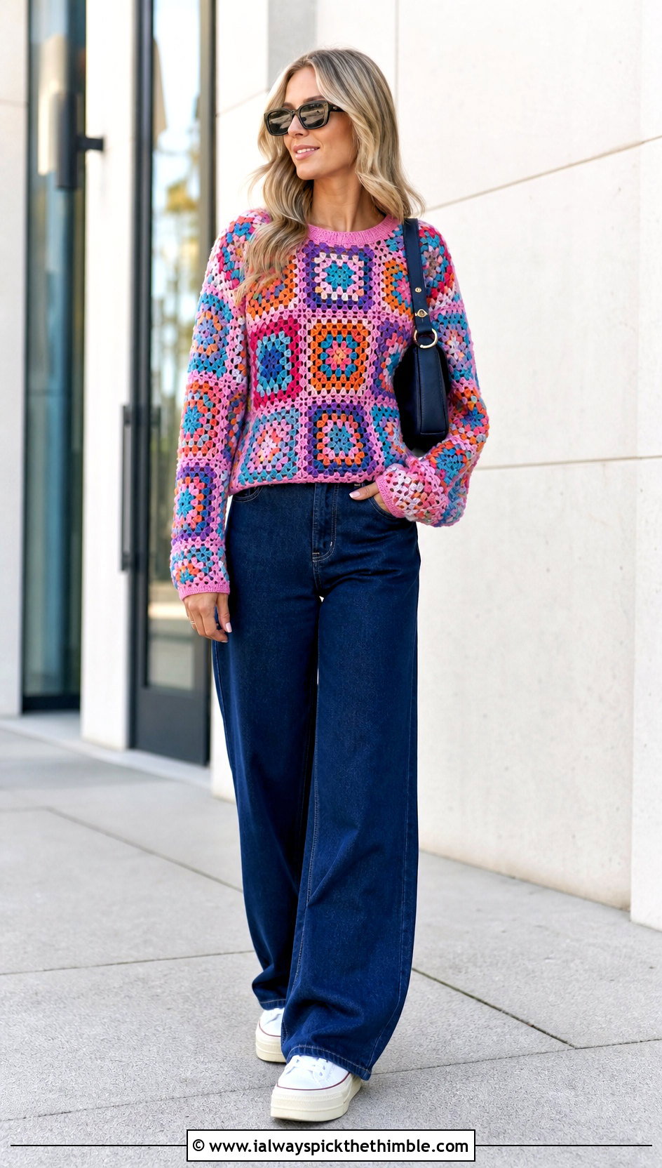 Granny Square Crochet Sweater With Wide Leg Jeans - 20 cozy crochet sweater outfit ideas