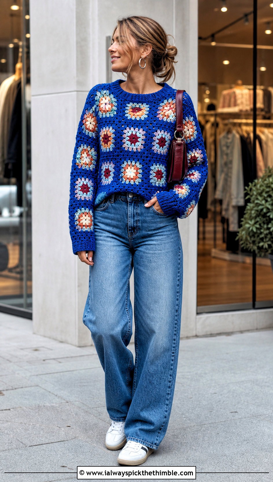 Granny Square Crochet Sweater With Wide Leg Jeans - 20 crochet key sweater outfit ideas