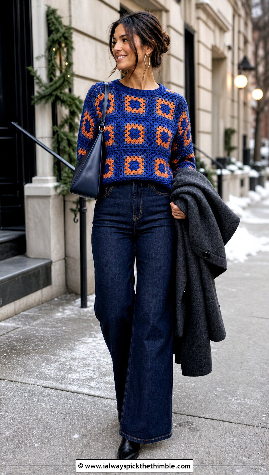 Granny Square Crochet Sweater With Wide Leg Jeans - 20 crochet winter sweater outfit ideas