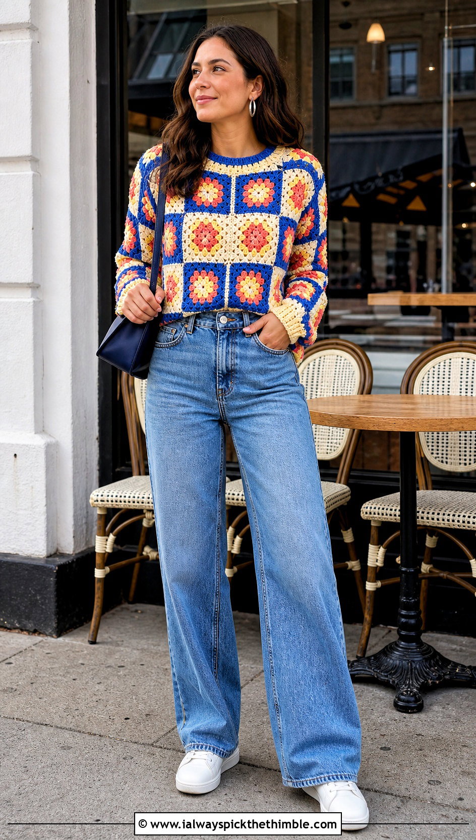 Granny Square Crochet Sweater With Wide Leg Jeans - 20 crochet women sweater outfit ideas