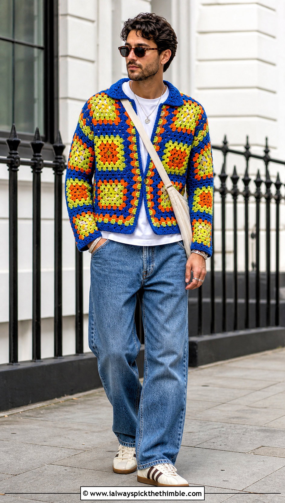 Granny Square Crochet Sweater With Wide Leg Jeans - 20 man crochet sweater outfit ideas