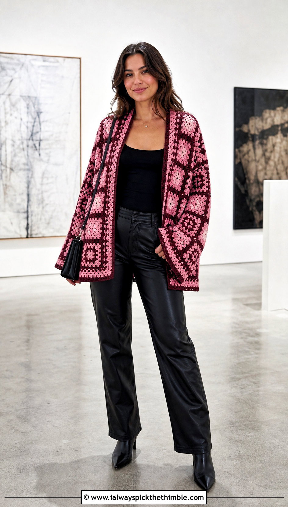 Granny Square Crochet Sweater Wrap With Leather Pants - 20 crochet sweater wrap outfit ideas