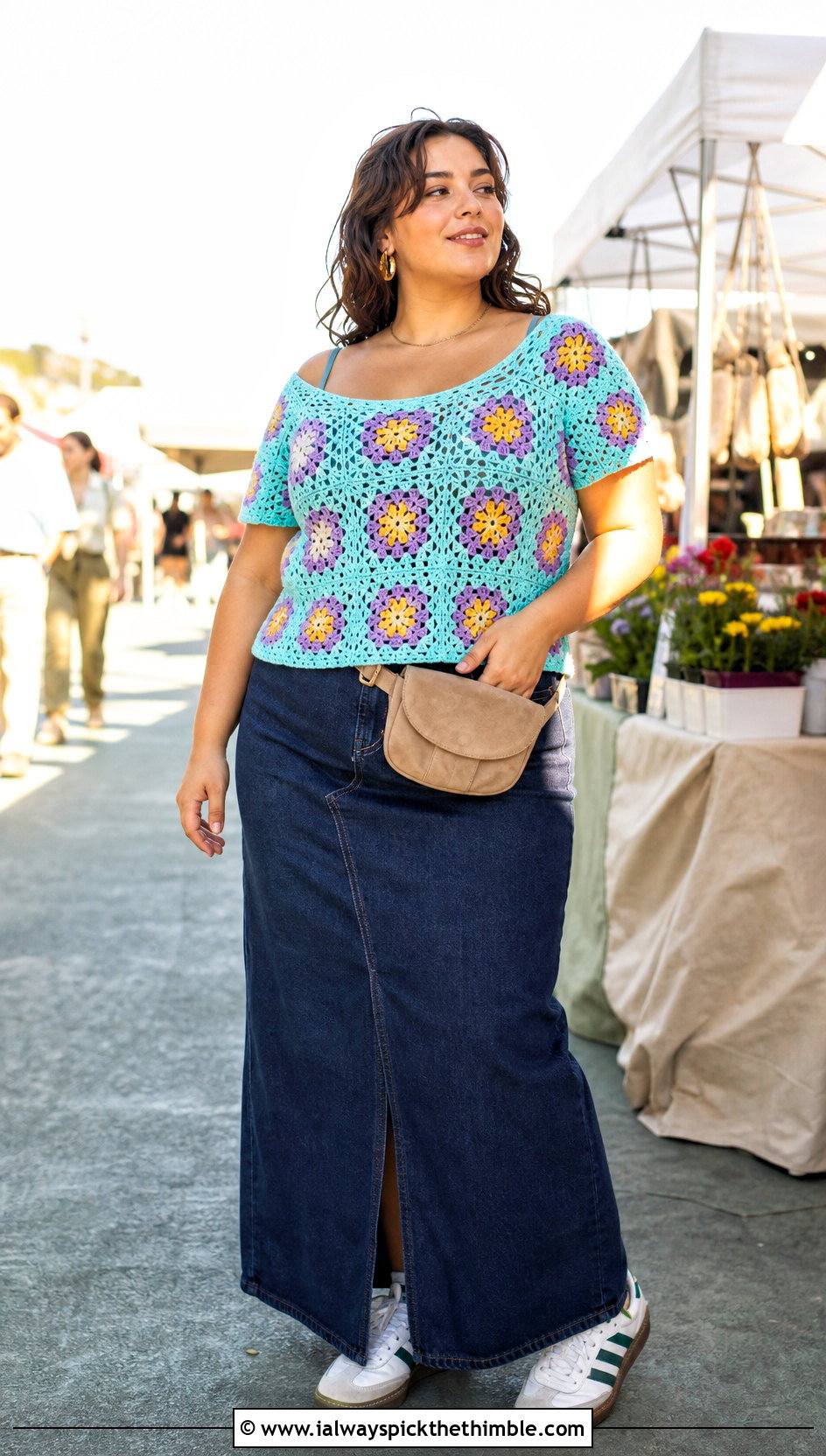Granny Square Crochet T Shirt With Denim Maxi Skirt - 15 crochet top for big bust outfit ideas
