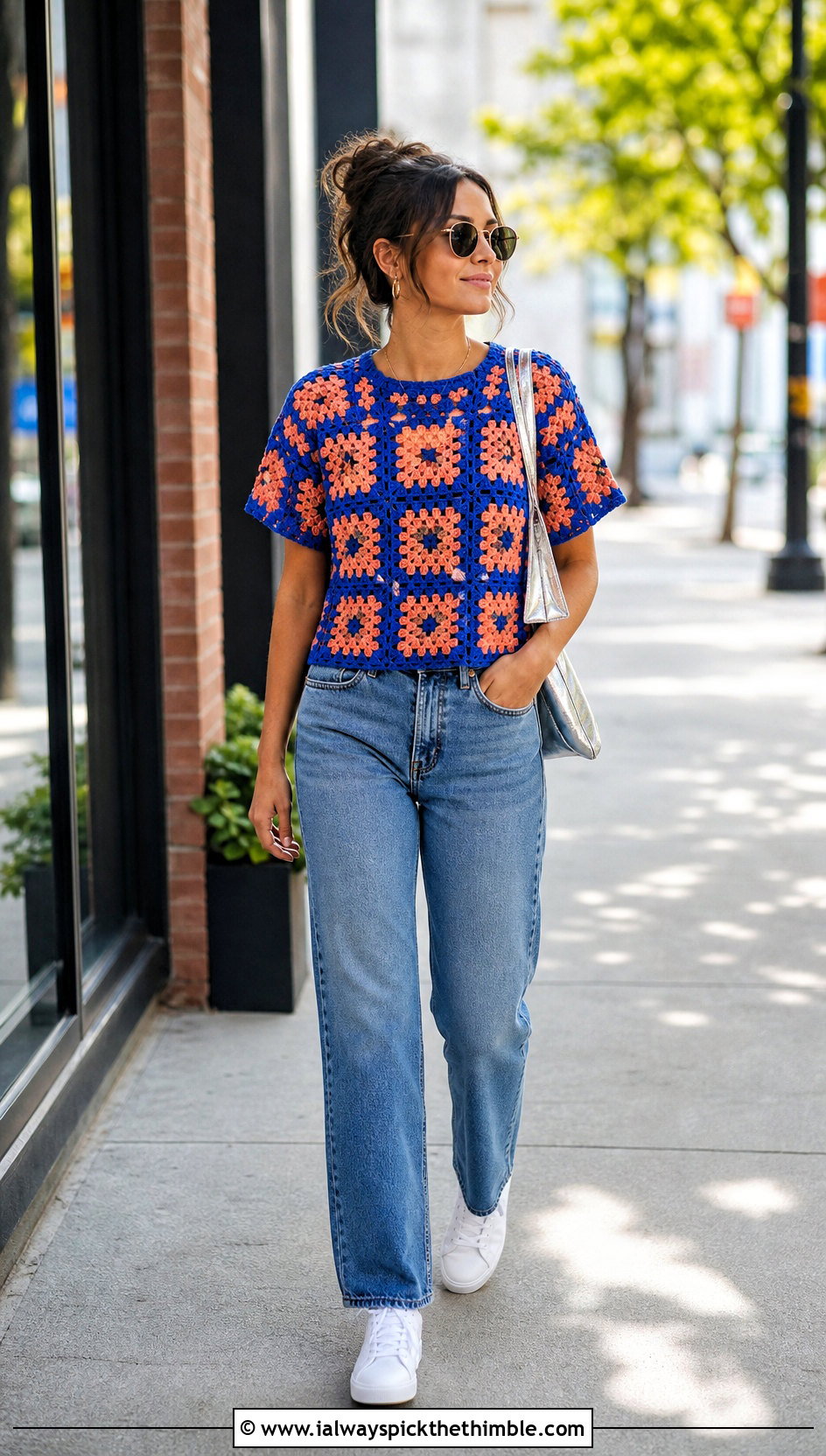 Granny Square Crochet T Shirt With Straight Leg Jeans - 25 crochet t shirt outfit ideas