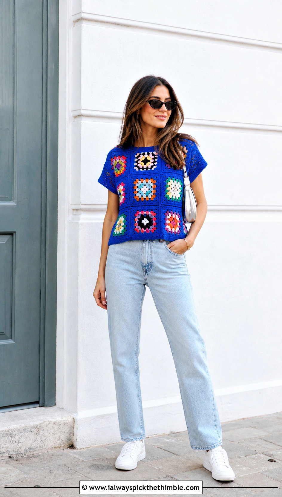 Granny Square Crochet T Shirt With Straight Leg Jeans - 20 crochet t shirts outfit ideas