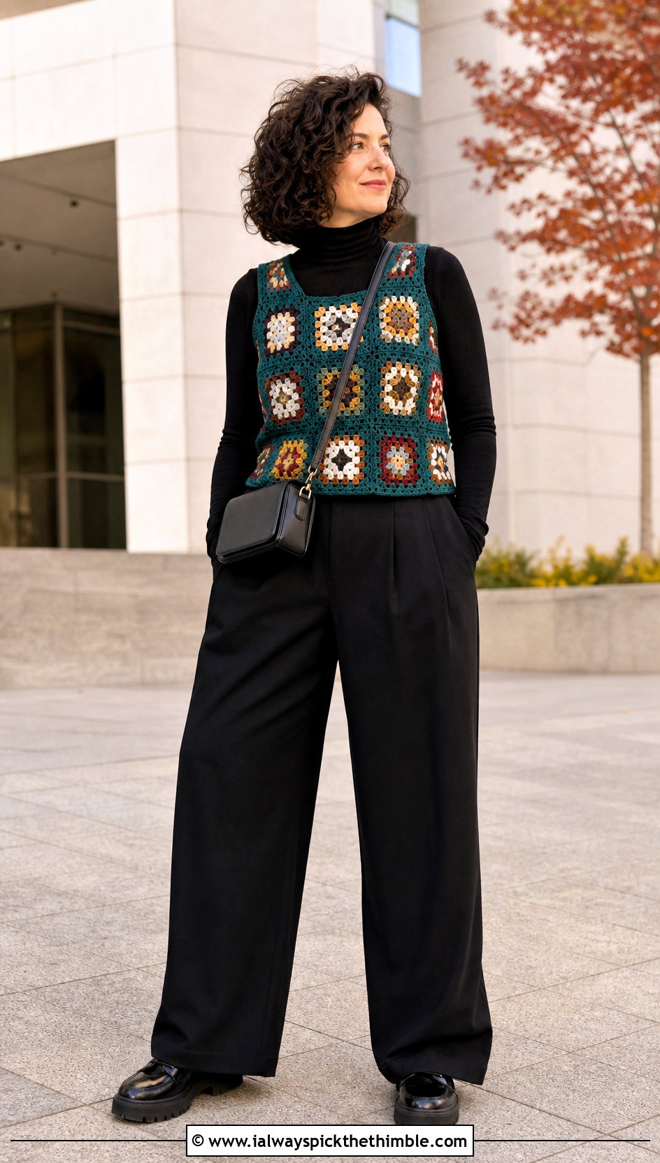 Granny Square Crochet Tank Over A Fitted Turtleneck - 20 Crochet Top Layering Outfit ideas