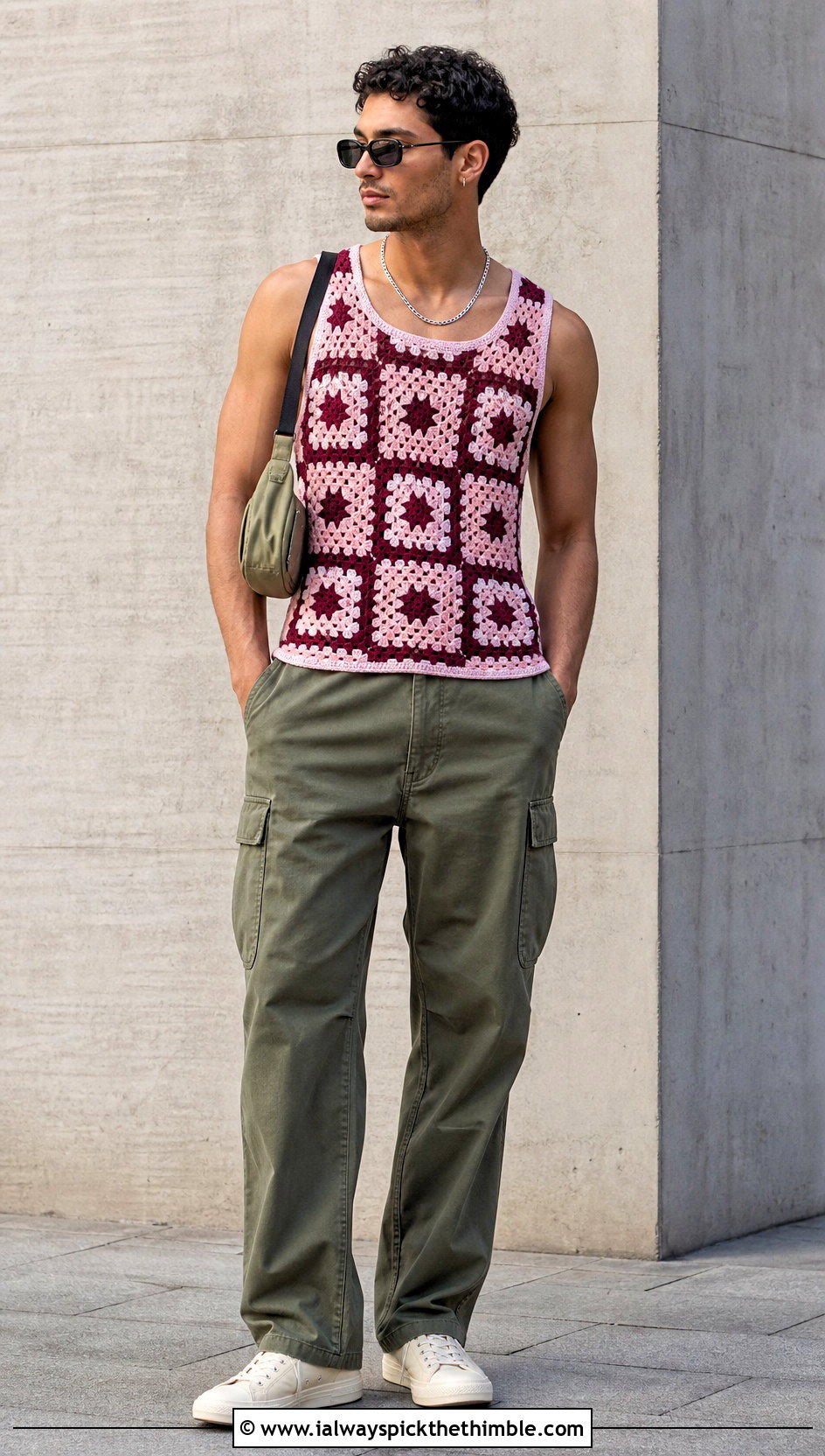 Granny Square Crochet Tank Top With Cargo Pants - 20 crochet mens tank top outfit ideas