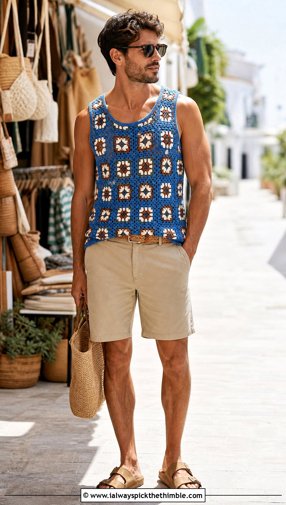 Granny Square Crochet Tank Top With Chino Shorts - 20 Mens Crochet Tank Top outfit ideas
