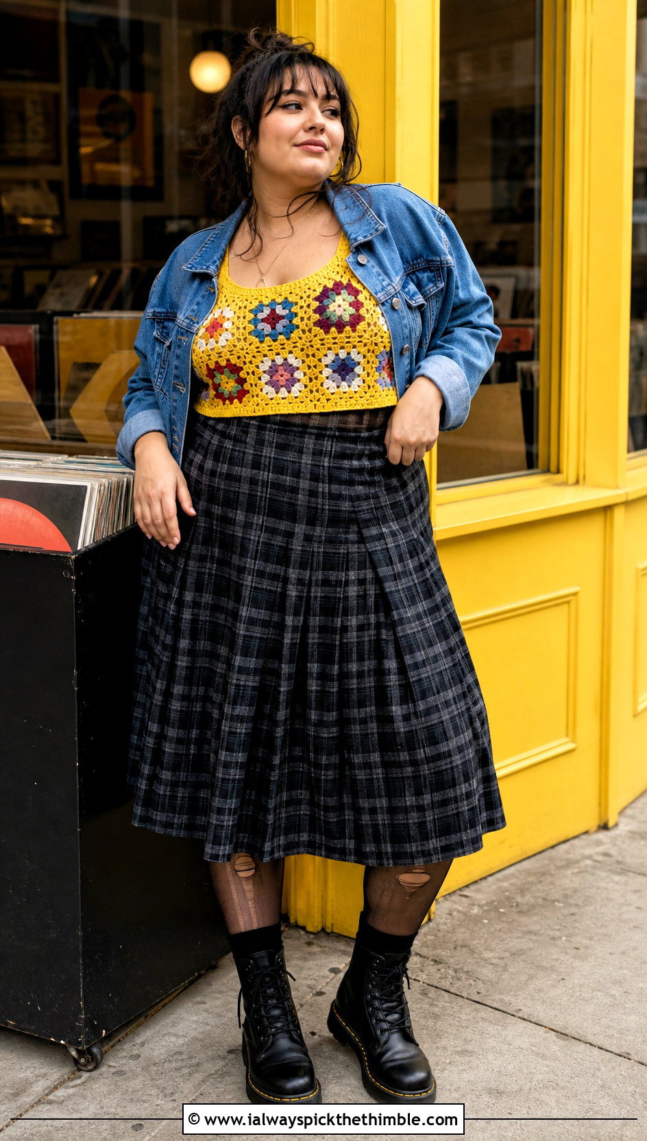 Granny Square Crochet Tank Top With Plaid Midi Skirt - 25 grunge crochet top outfit ideas