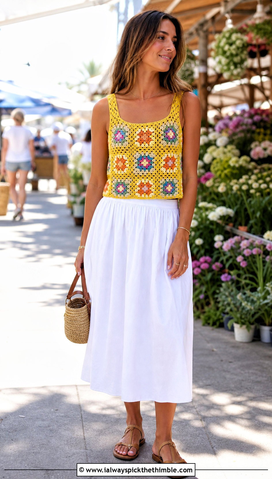 Granny Square Crochet Tank Top With Poplin Skirt - 20 Simple Crochet Tank Top outfit ideas