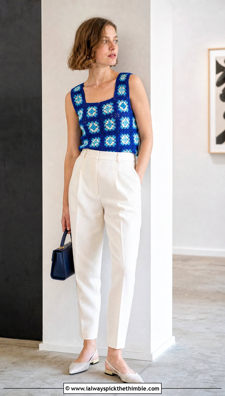 Granny Square Crochet Tank Top With Tailored Trousers - 20 crochet tank tops for women outfit ideas
