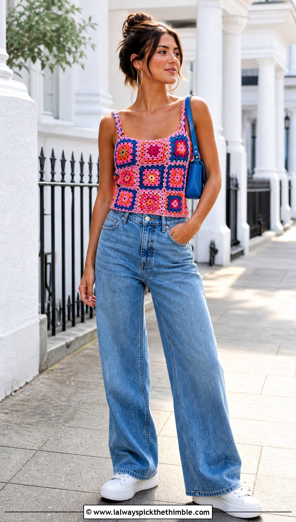 Granny Square Crochet Tank Top With Wide Leg Jeans - 20 Crochet Womens Tank Top outfit ideas
