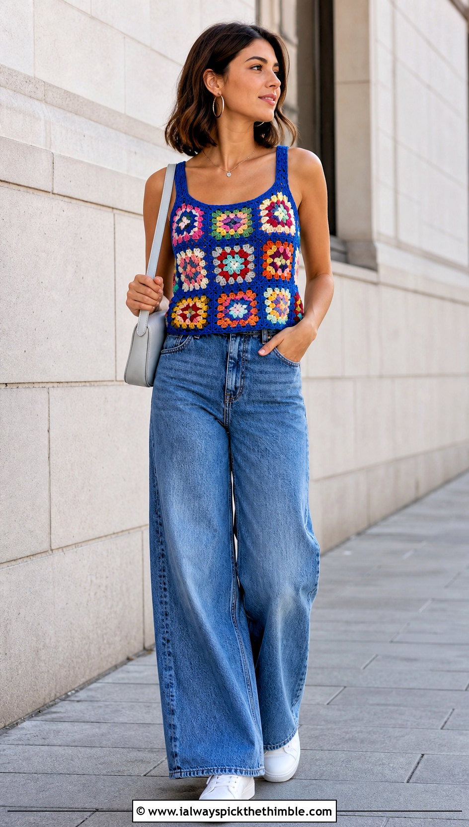 Granny Square Crochet Tank Top With Wide Leg Jeans - 25 crochet tank tops outfit ideas