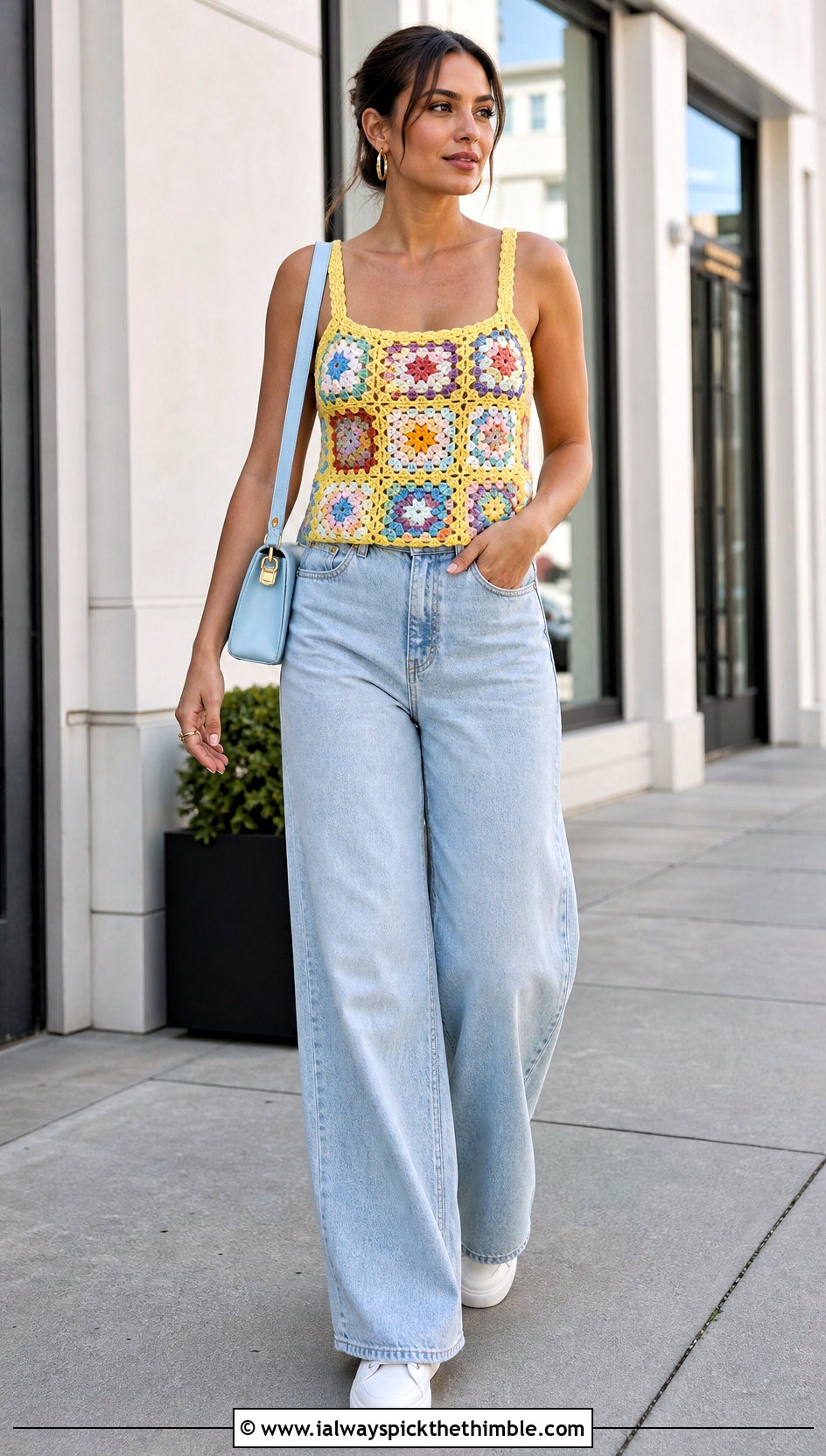 Granny Square Crochet Tank With Wide Leg Jeans - 25 crochet tank outfit ideas