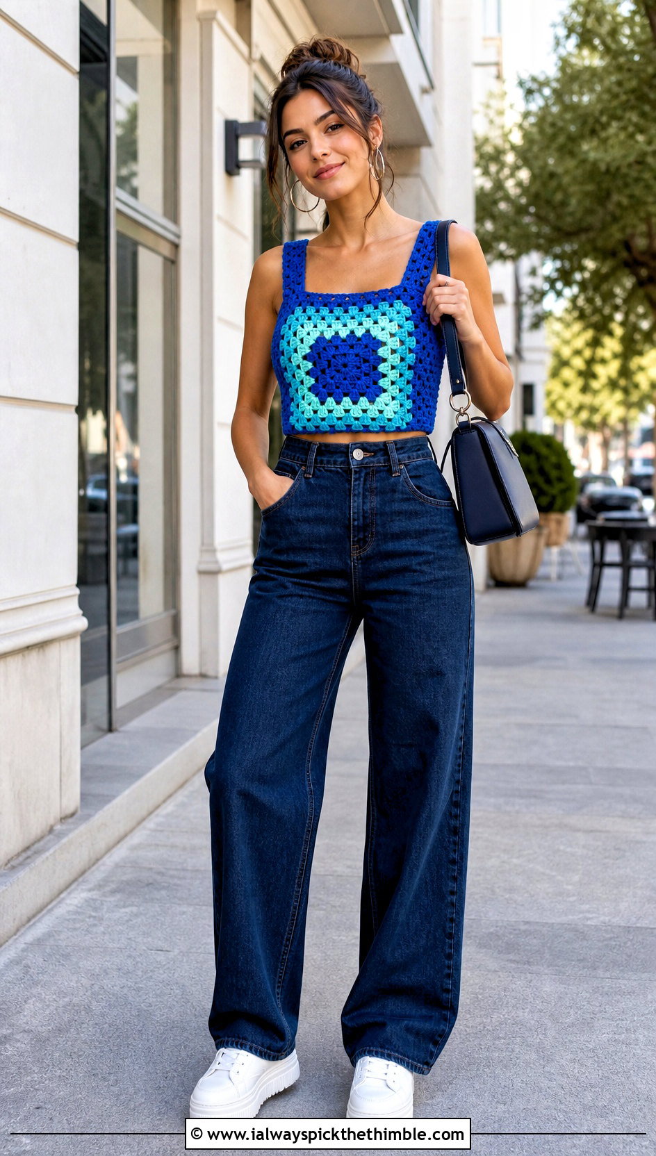 Granny Square Crochet Tank With Wide Leg Jeans - 25 crochet tops outfit ideas