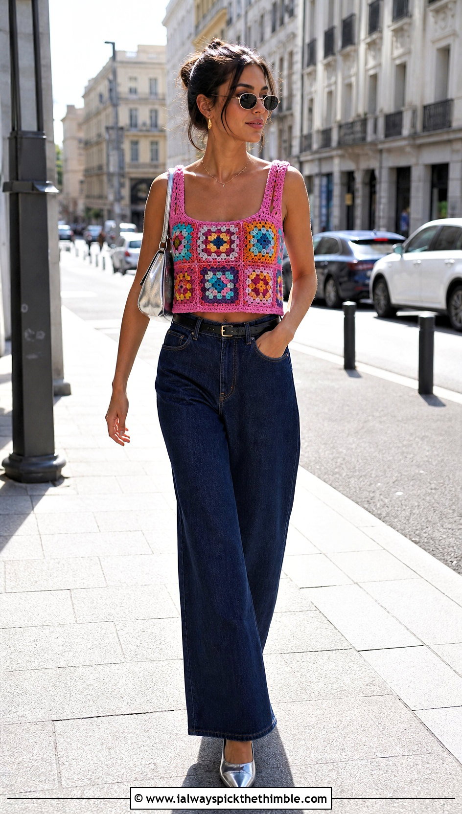 Granny Square Crochet Tank With Wide Leg Jeans - 25 crocheted tops outfit ideas