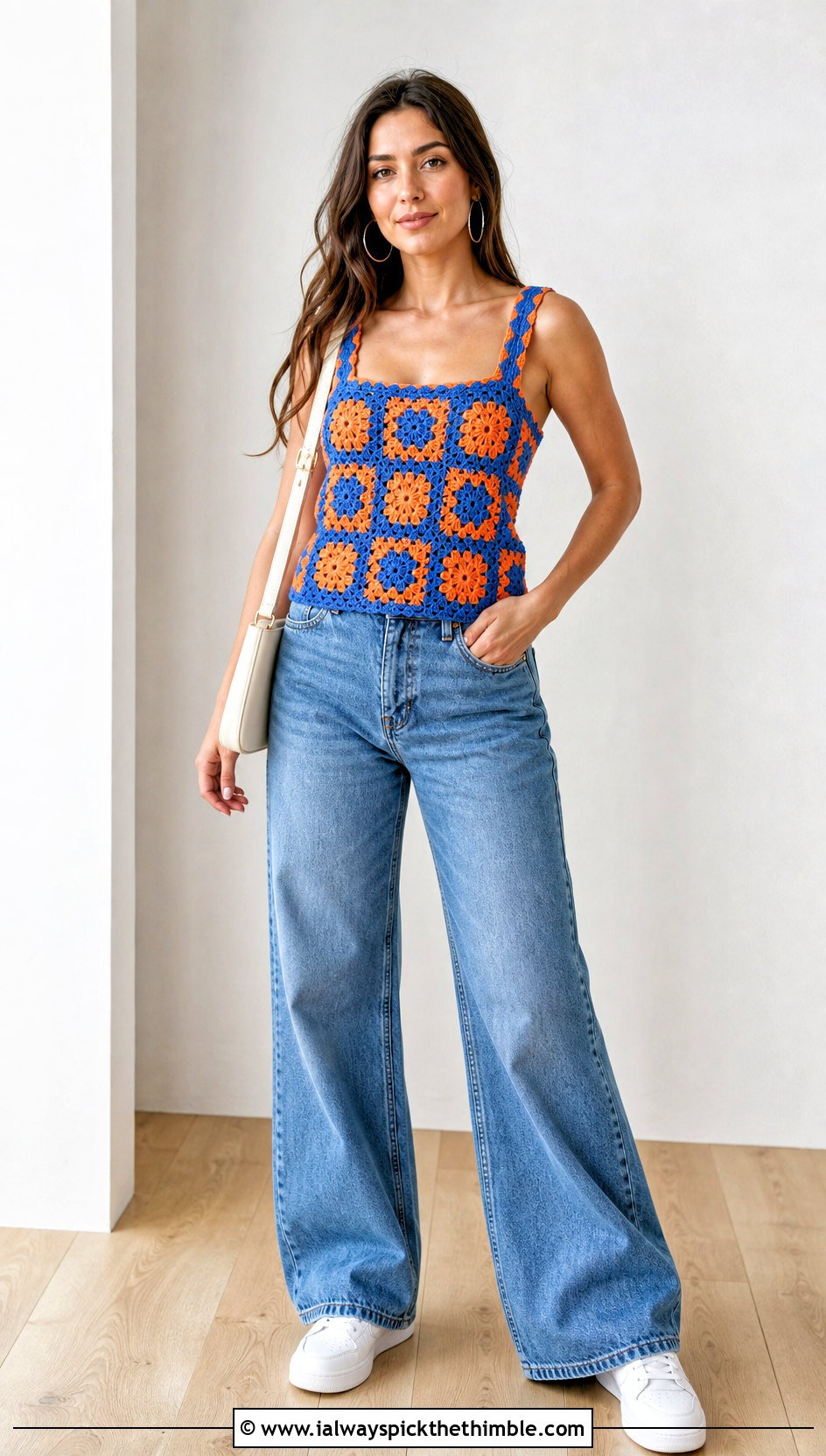 Granny Square Crochet Tank With Wide Leg Jeans - 15 crochet top on wooden floor outfit ideas