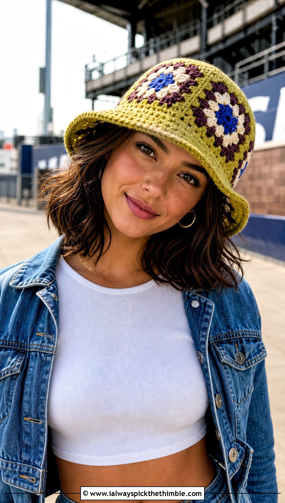 Granny Square Crochet Team Bucket Hat With Denim Set - 15 Crochet Football Team Hat outfit ideas