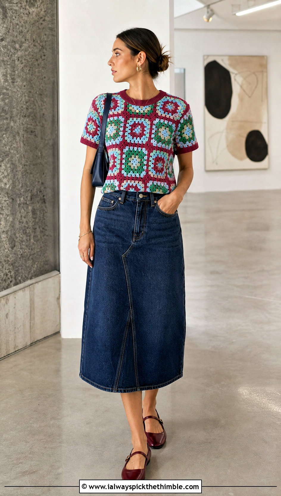 Granny Square Crochet Tee With Denim Midi Skirt - 25 crochet tee shirt outfit ideas