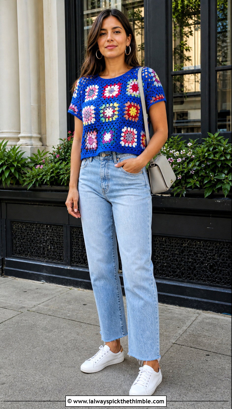 Granny Square Crochet Tee With Straight Leg Jeans - 25 crochet tee outfit ideas