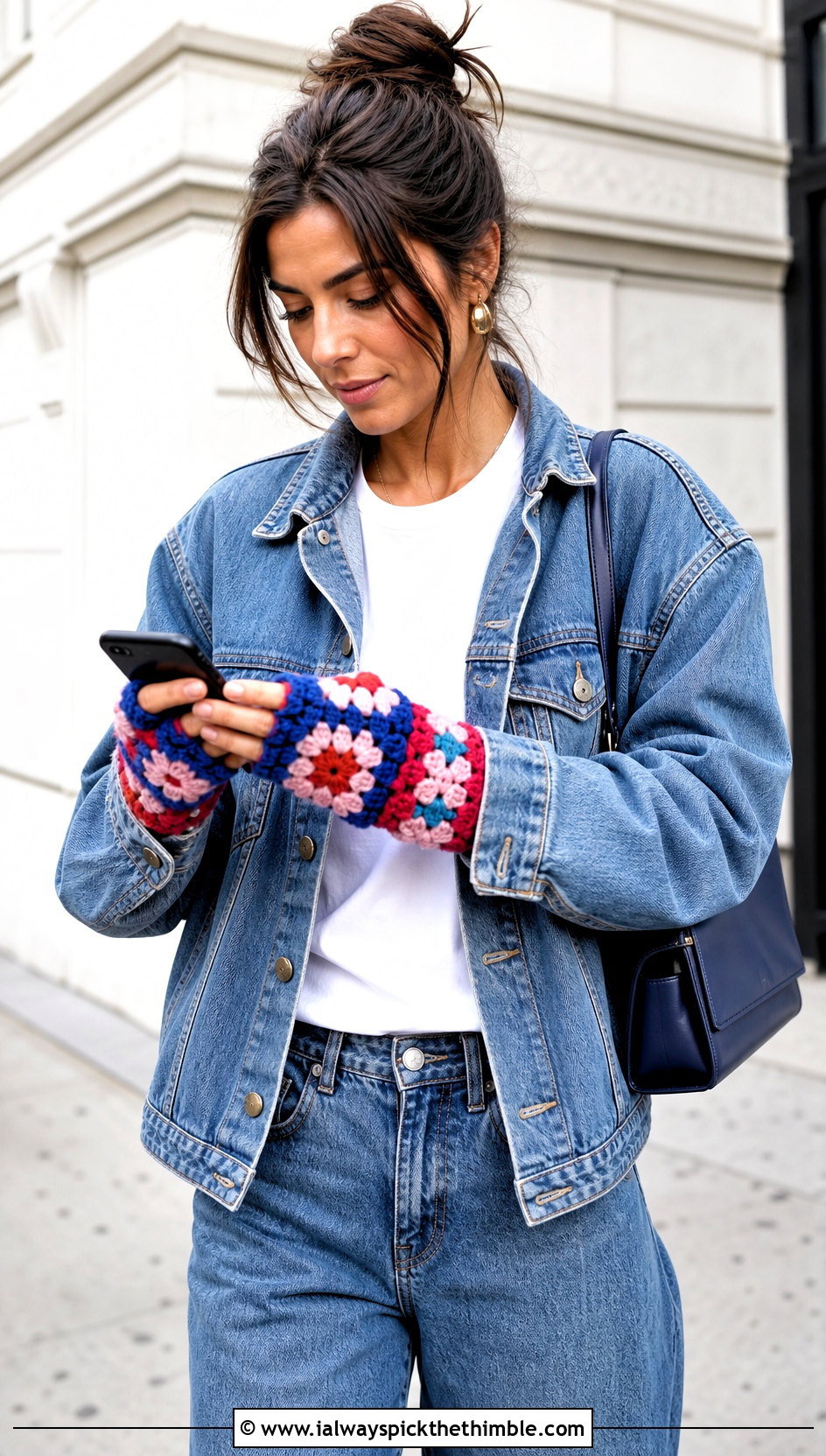 Granny Square Crochet Texting Gloves With Denim Jacket - 15 Crochet Texting Gloves outfit ideas