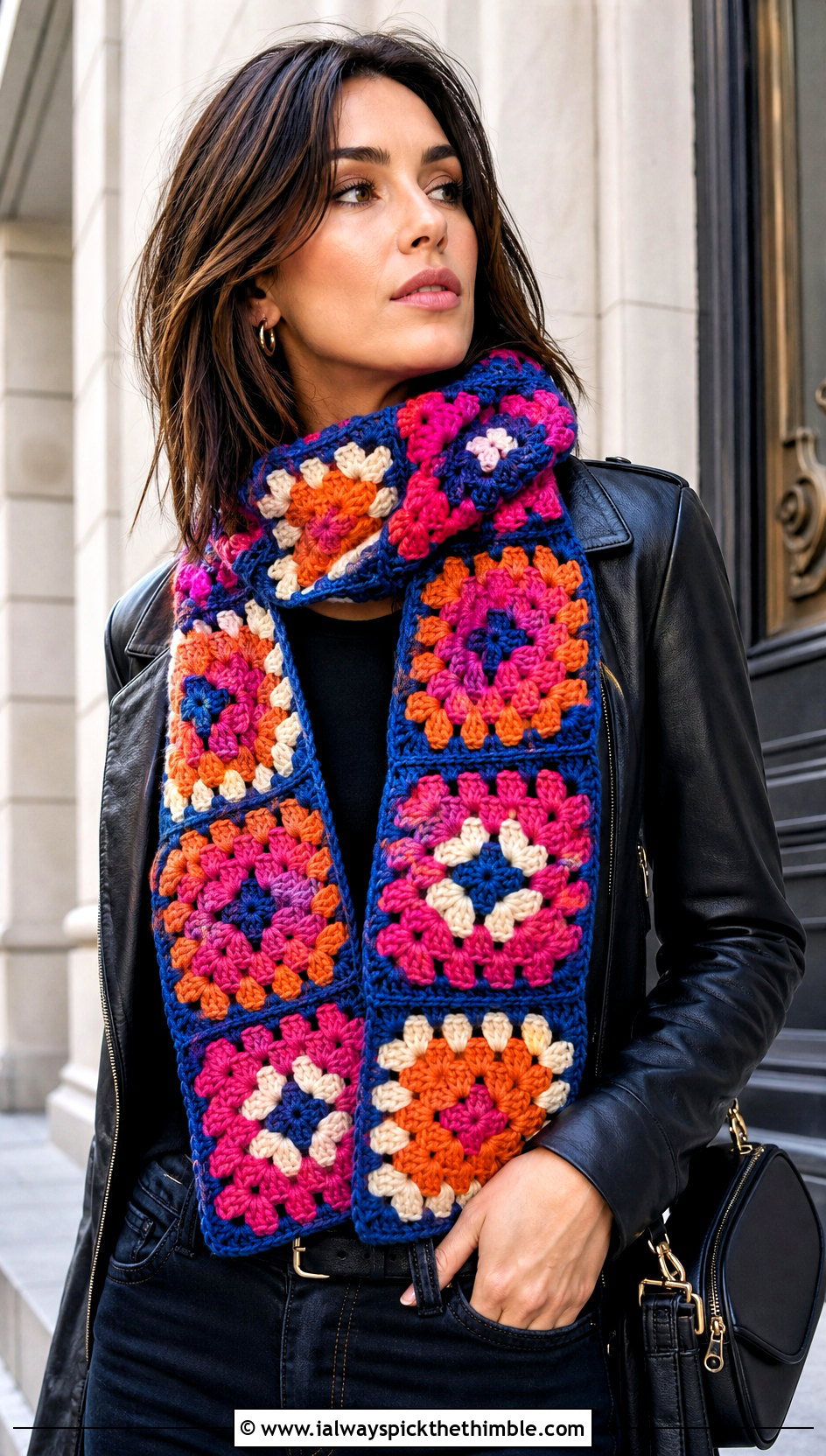 Granny Square Crochet Textured Scarf With Leather Jacket - 20 Crochet Textured Scarf outfit ideas