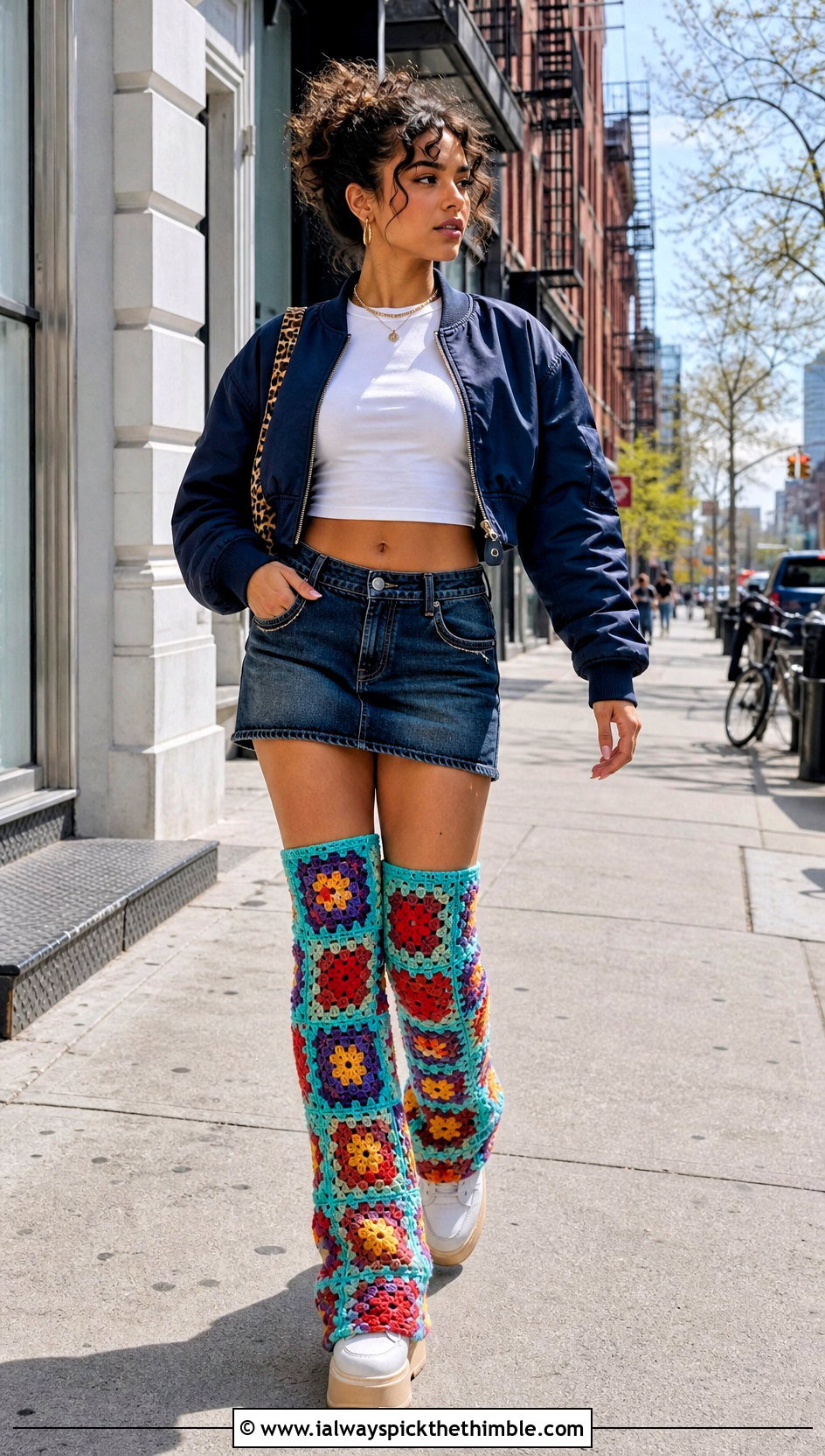 Granny Square Crochet Thigh High Leg Warmers With Denim Mini Skirt - 20 Crochet Thigh High Leg Warmers outfit ideas