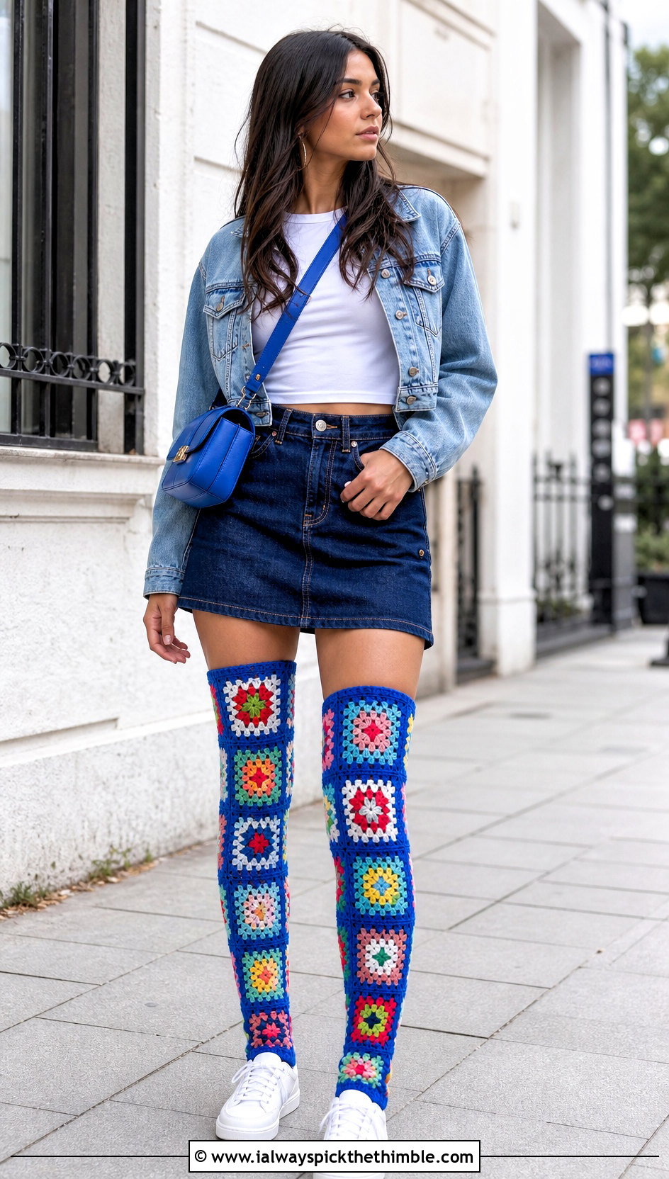 Granny Square Crochet Thigh High Socks With Denim Mini Skirt - 25 crochet thigh high socks outfit ideas