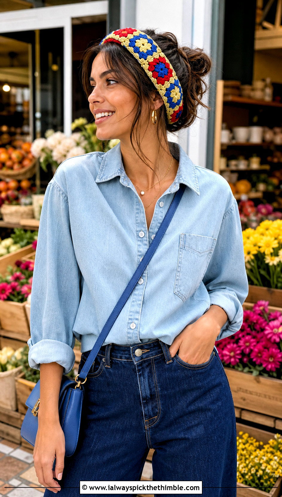 Granny Square Crochet Tiara Headband With Denim Outfit - 20 crochet tiara headband outfit ideas