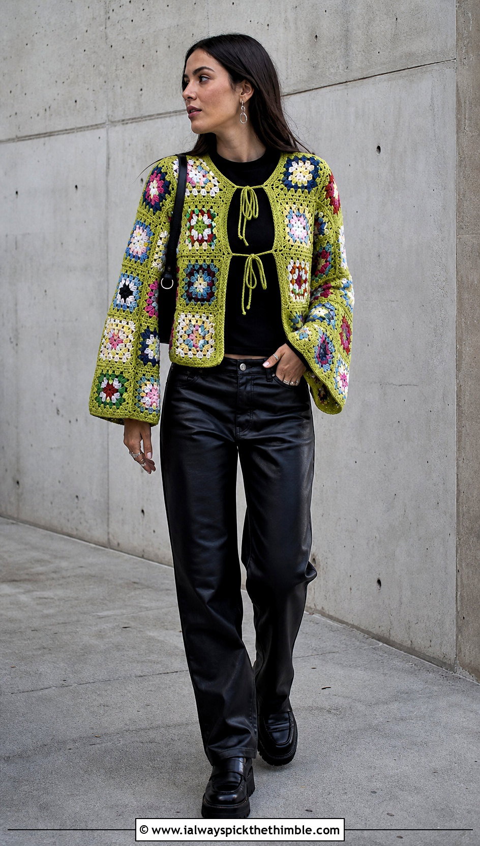 Granny Square Crochet Tie Cardigan With Leather Pants - 25 crochet tie cardigan outfit ideas