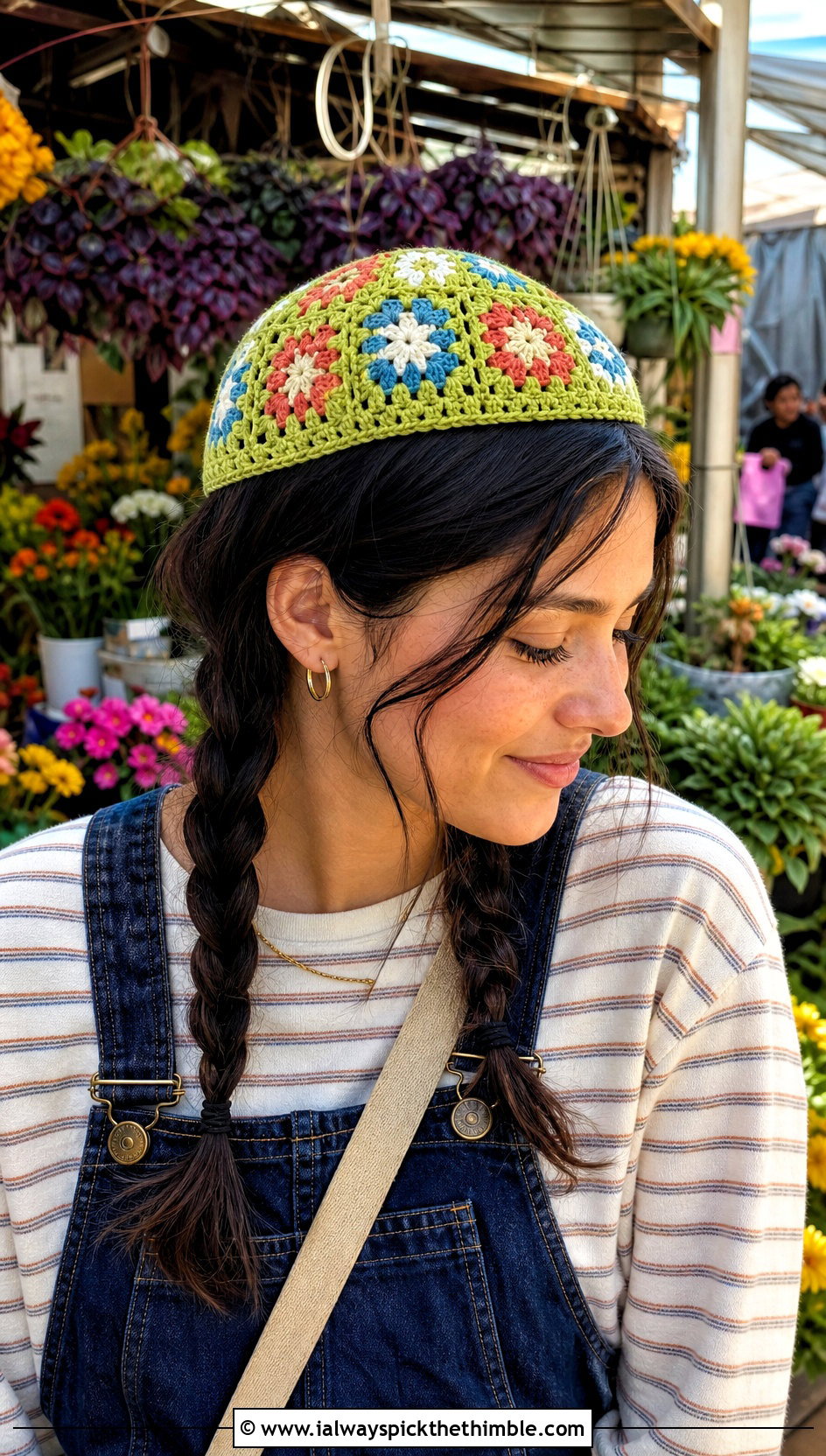Granny Square Crochet Tiny Skullcap With Denim Overalls - 25 crochet tiny hat outfit ideas
