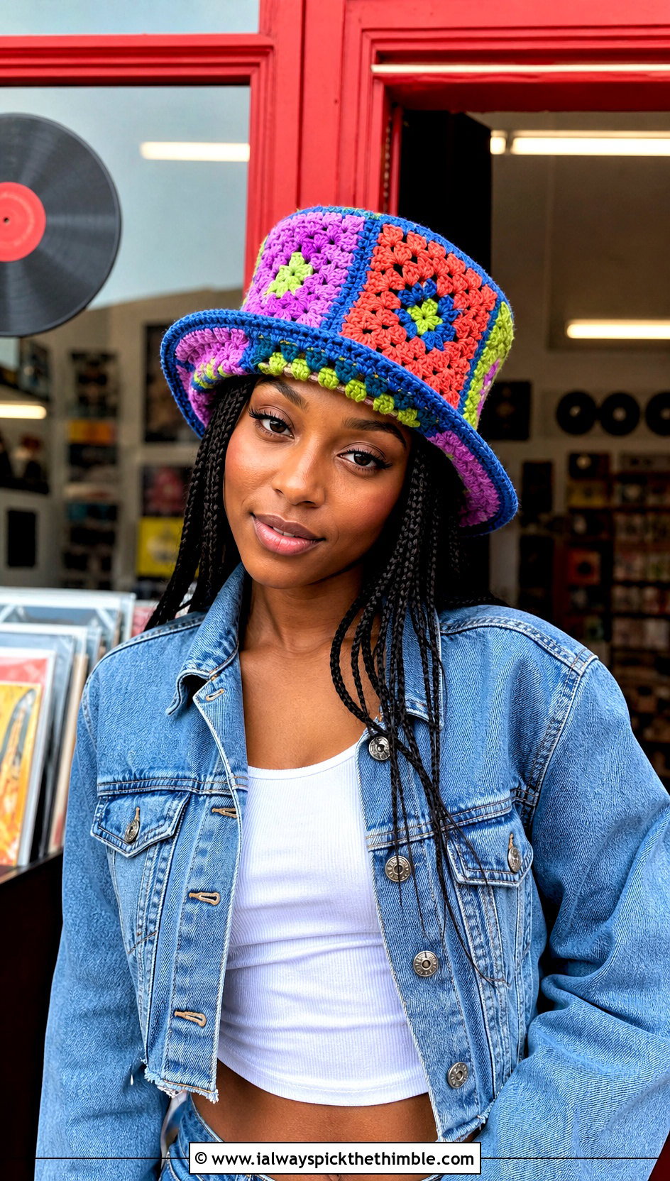 Granny Square Crochet Top Hat With Denim Set - 25 crochet top hat outfit ideas