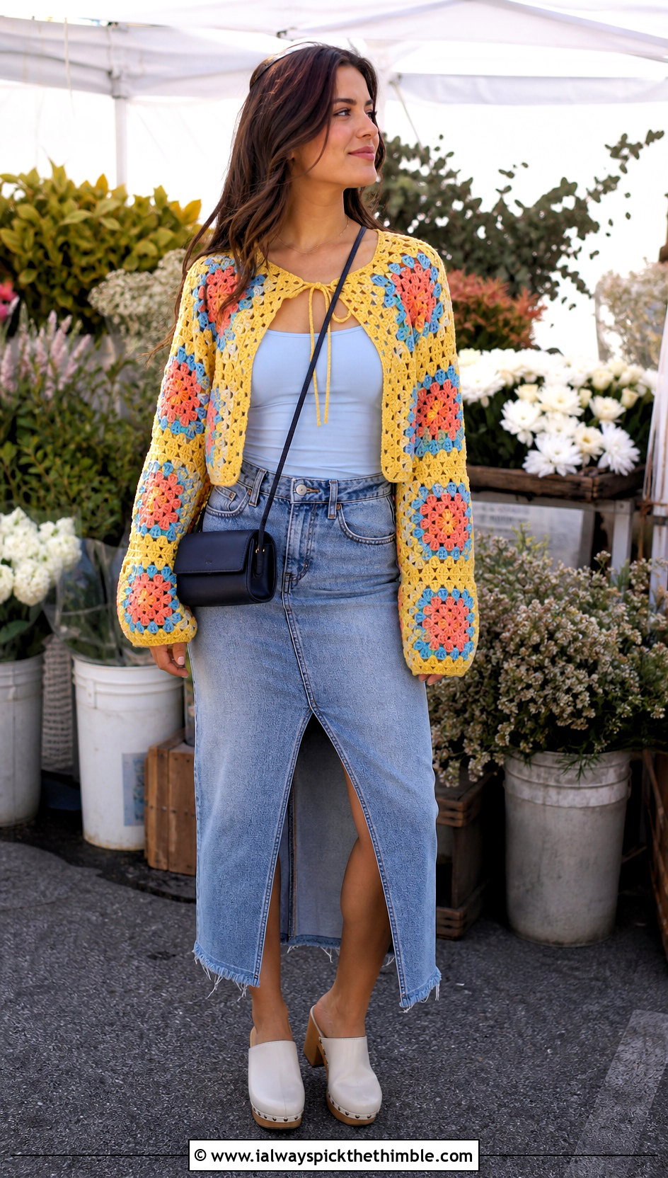 Granny Square Crochet Top Shrug With Denim Skirt - 20 crochet top shrug outfit ideas